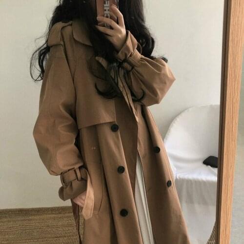 Spring Autumn Giacca Donna Elegante Turn-down Collar Casual Long Coat Loose Coat With Belt Fashion Vintage Black Abrigos Mujer