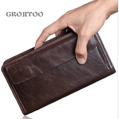 GROJITOO Geniune Leather business mens Wallet multi-card Mens handbag genuine leather large capacity zipper mobile phone bag