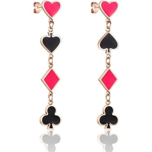 Classic Beautiful Red And Black Heart Shaped Square Poker Woman Earrings Titanium Steel High Quality Earrings wholesale