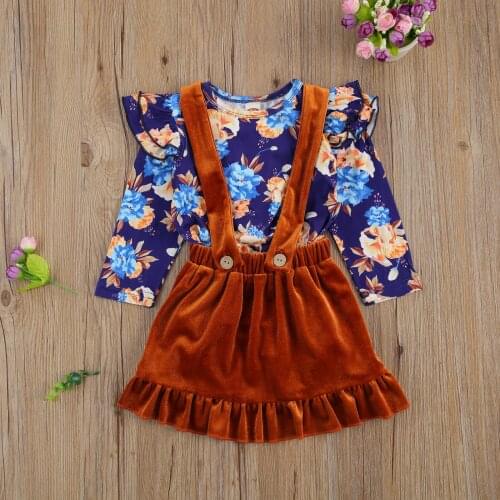 2 PCS Autumn Winter Baby Girls Clothes Set Lace Long Sleeve Flower Print TopSolid Color Velvet Suspenders Button Short Dress