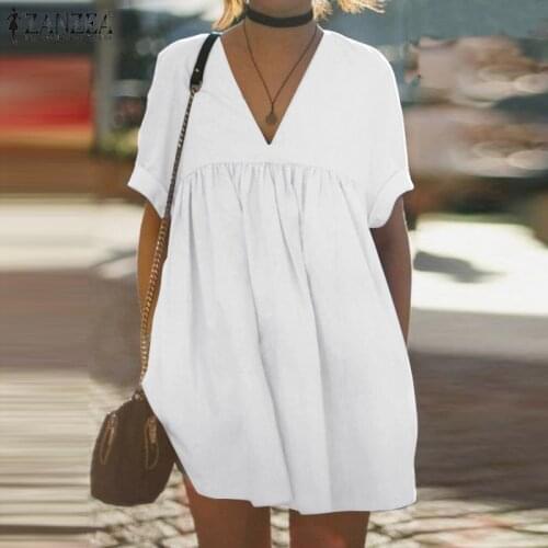 ZANZEA Summer V Neck Short Sleeve Long Blouse Women Elegant Solid Loose Shirt Tunic Casual Party Blusas Oversized Cotton Tops