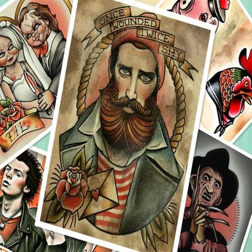 Retro Hairstyle Tattoos Patterned kraft Paper Poster Wall Stickers Art Print Painting Hair Salon Gallery Bar Barber Shop Decor