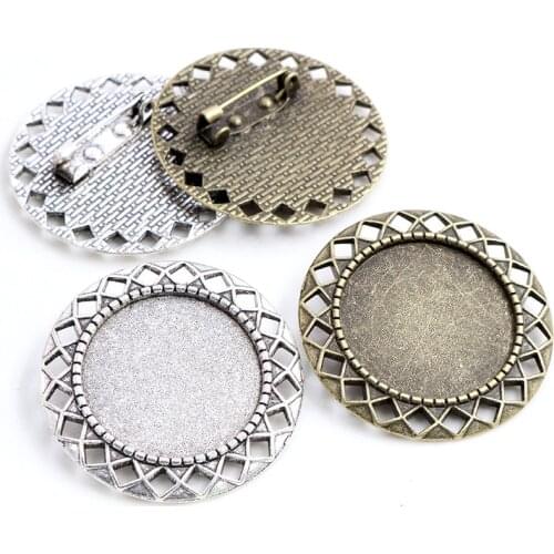 New Fashion 5pcs 25mm Inner Size Antique Silver Plated Bronze Brooch Pierced Style Cabochon Base Setting