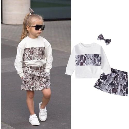 1-6Y Fashion Toddler Kids Girls Clothes Autumn Children Girls Snake Print Pullover Sweatshirts Tops+Mini Skirts+Headband Outfits