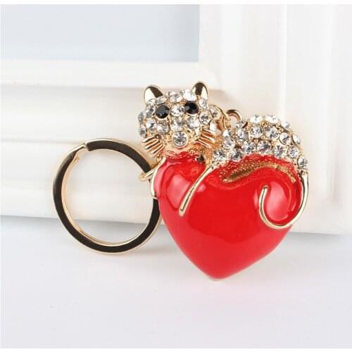 Red Heart Cat Pendant Charm Rhinestone Crystal Purse Bag Keyring Key Chain Accessories Wedding Party Lover Friend Gift