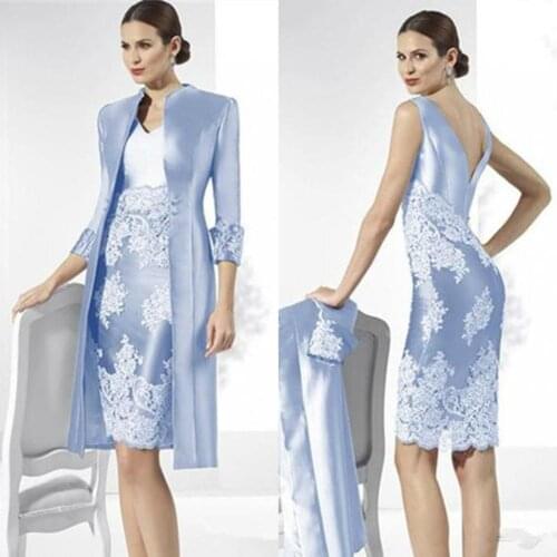 Light Sky Blue 2019 Mother of the Bride Dresses With Jacket Sheath Lace Wedding Guest Dress Custom Two Pieces Women Formal
