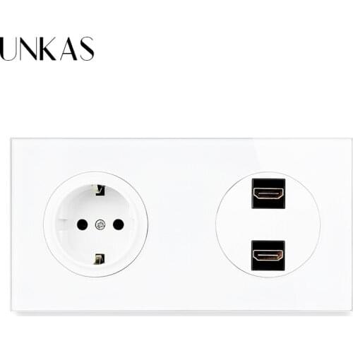 UNKAS 16A EU Standard Wall Socket + Female Dual HDMI-Compatible 2.0 Connector Jack 172*86MM Tempered Crystal Glass Panel Outlet