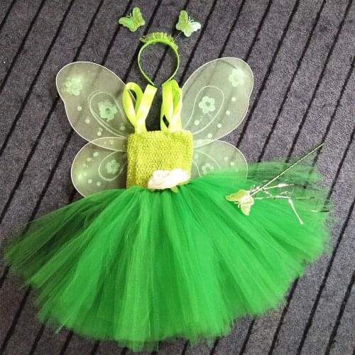 Girls Green Butterfly Fairy Flower Tutu Dress Kids Fluffy 2Layers Tulle Tutus with Wing Hairbow Set Children Cosplay Party Dress