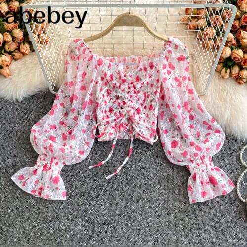 2021 New Summer Sweet square collar Lantern Sleeve Shirt drawstring lace up high waist pleated print short Shirt Top