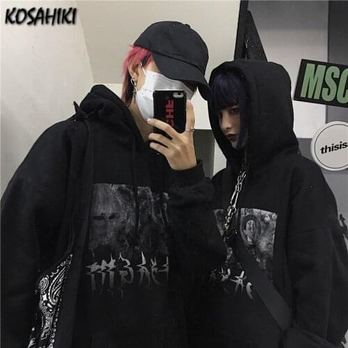 KOSAHIKI 2021 Women Man Vintage Retro Hooded Fleece Pullovers Japanese Harajuku Print Sweatshirt Loose Casual Streetwear Hoodie