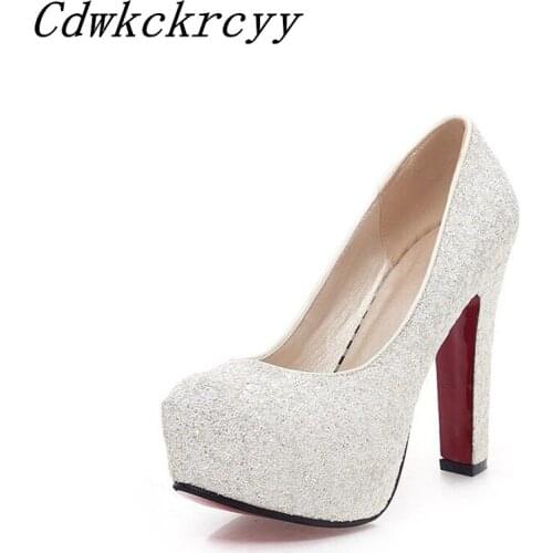 Spring and Autumn New pattern fashion Round head temperament High-heeled white Golden blue Sequins banquet marry Women Shoes