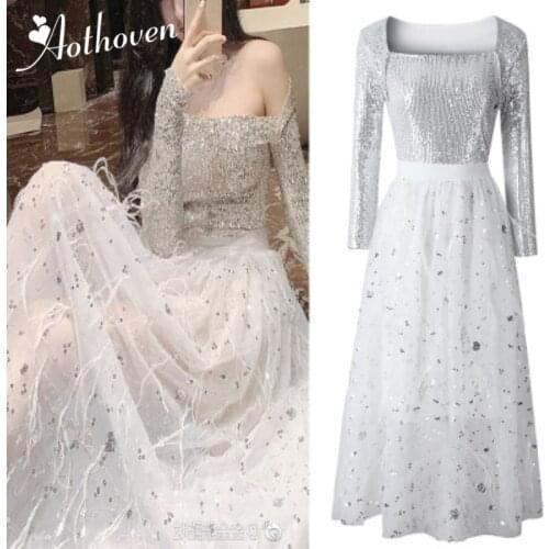 2 Piece Set Autumn Women Full Sleeve Square Collar Sequin Shirt Top and Feather Skirt Office Party Suit Two Piece Sets Vestidos