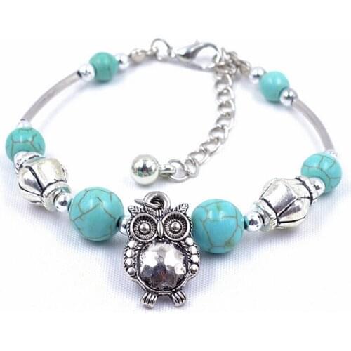 1 PCS Women Vintage Charm Jewelry Silver Pld Owl Turquoise Bracelets Bangle