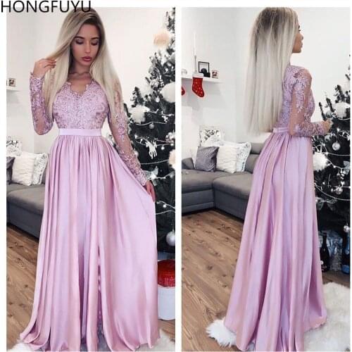 HONGFUYU 2021 Lace V-neck robe de soiree Evening Dresses Long Sleeves Formal Dress with Appliques Slit Party Prom Evening Gowns