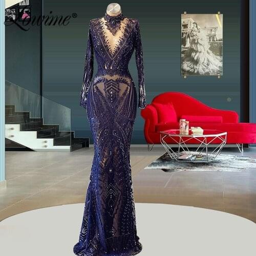 Navy Blue Middle East Evening Dresses 2021 Plus Size Illusion Plus Size Mermaid Party Gowns Beaded Birthday Prom Dresses Robes