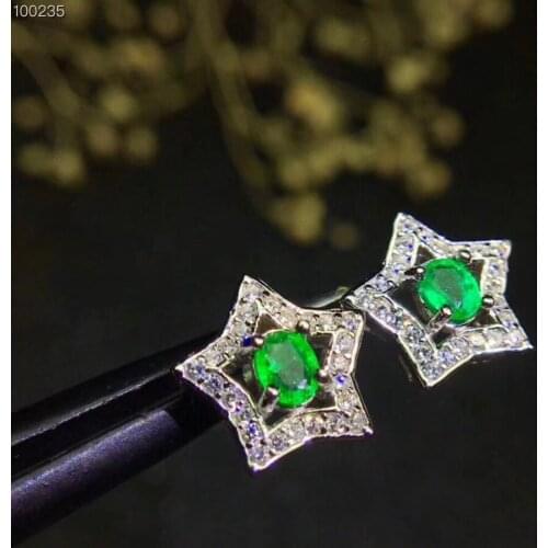 Star Style Natural emerald earring Free shipping Real original emerald 925 sterling silver Gem 4*5mm 2pcs