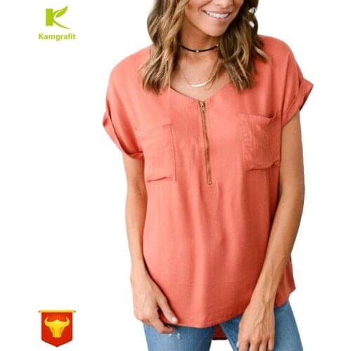 2019 Explosive O-neck Zipper Pocket Short Sleeve Loose Shirt Women plus size womens shirts korean streetwear sexy tshirt QP028