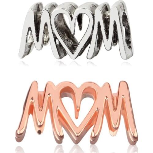 5PCS HTevak Silver Plated Charm Mom Wrod Heart Spacer Beads Fit DIY European Bracelets Chokers Monther Gifts Jewelry Making