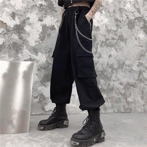 KOSAHIKI Cargo Wide Leg Pants Women 2021 Fashion High Waist Retro Streetwear Loose Straight Harem Chain Pants Casual BF Clothes