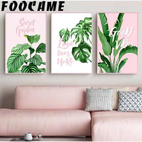 FOOCAME Plant Leaves Monstera Leaf Wall Art Canvas Painting Pink Room Decoration Pictures Nordic Posters and Prints Sweet Home