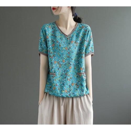 Cotton Sale New Arrival Korean Women Free Shipping 2020 Retro V-neck Short-sleeved T-shirt Womens Summer Loose National Style