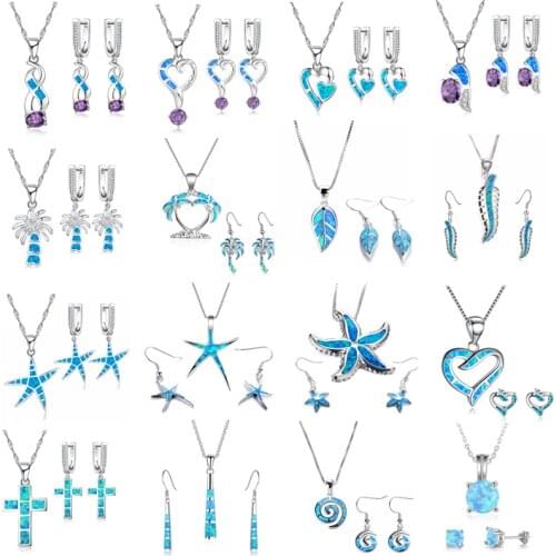 FDLK 20 Styles Fashion Cross Twisted Accessories Set For Women Imitation Blue Fire Opal Pendant Necklace Earrings Jewelry Set