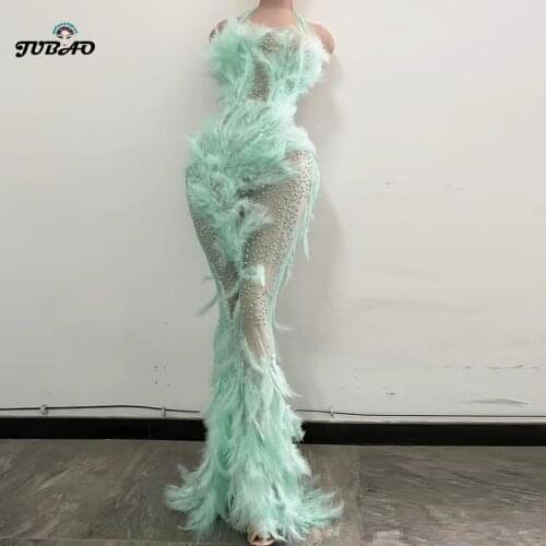 Sexy Rhinestone See Through Mesh Mermaid Long Dress Women Halter Evening club Party Feather Dress Singer Stage festival Clothing
