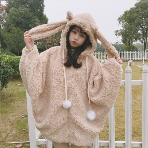 Kawaii Lolita Coat Girls Winter Warm Soft Faux Fur Batwing Sleeve Zipper Harajuku Jacket Women Cute Rabbit Ears Plush Hoodies