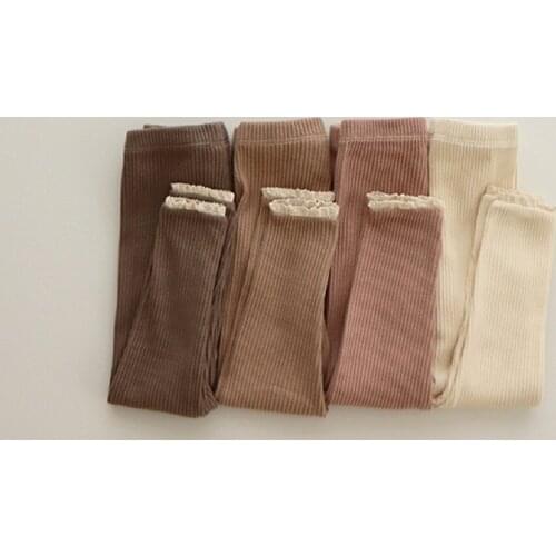 2021 New Spring And Autumn Girls Stretch Leggings Long Trousers Childrens Lace T0rim Knitted Ribbed Foot Pants