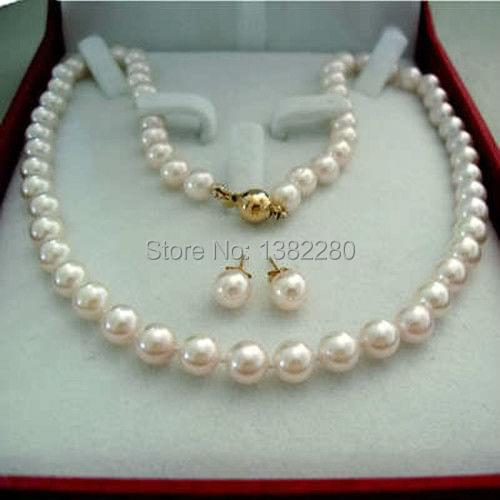 New 8-9mm White pearl necklace earring set 18" women fashion DIY jewelry