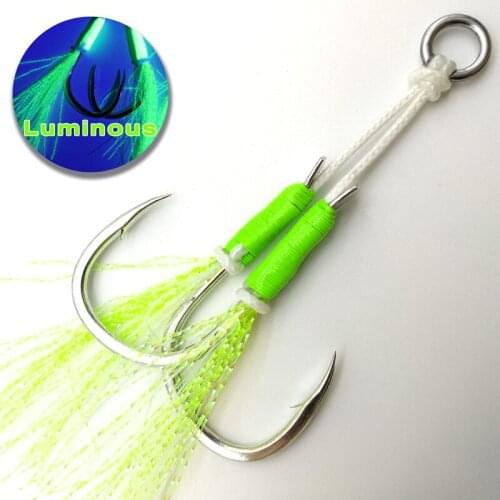 Fishing Hooks Sea Glow 1/0 2/0 3/0 4/0 Fish Assist Hook Twins Double Fishery Fishhooks Feather for Fishing Attract