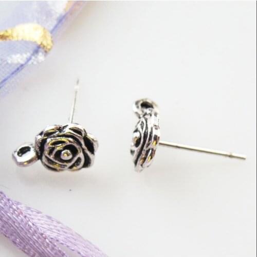 20 New Rose Flower Earrings Studs With Loop Findings Tibetan Silver Tone