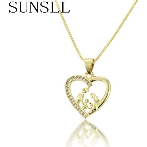 SUNSLL New gold copper necklace cubic Zirconia heart family necklace for women/children fashion unique jewelry pendant necklace