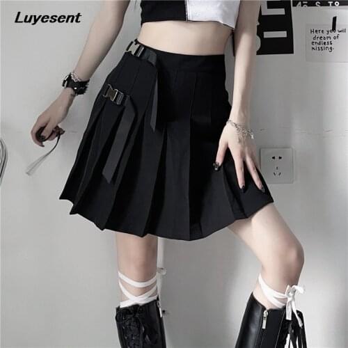 Solid Black Girl Gothic Pleated Skirt Dark Goth Summer Lady Buckle Strap Mini Skirts Midi High Waist Harajuku Casual Streetwear