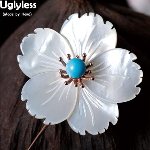 Uglyless 100% Real 925 Sterling Silver Long Brooches for Women Natural Shell Sakura Brooch Bohemia Turquoise Floral Fine Jewelry
