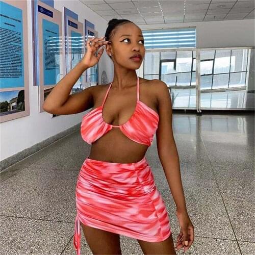 Womens Sexy Tie Dye Bandage Halterneck Crop Camisole Top + Drawstring Bodycon Mini Dress High Street Holiday Skirts Suits Set