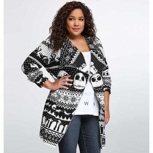 2021 New Autumn Winter Sweater Cardigan Coat Womens Lapel Skull Medium And Long Wool Knitted Outer Coat