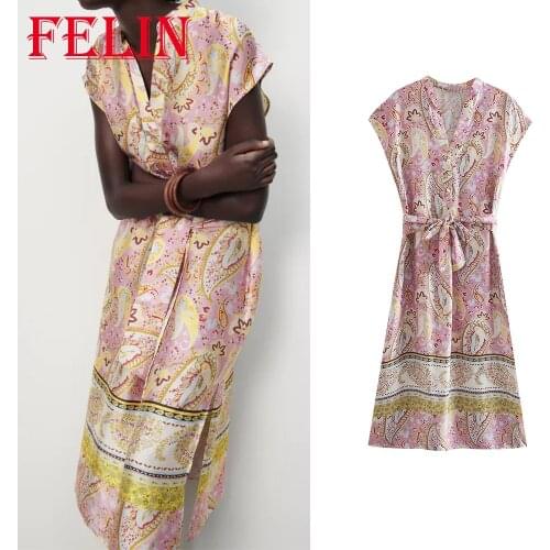 Women Vintgae Loose Long Shirt Dress Za 2021 Vintage V Neck Sashes Boho Summer Sleeveless Dress Elegant Chic Mujer Vestidos