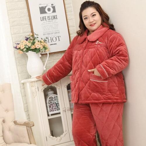 Plus size Winter super warm Quilted pajamas sets women Thick flannel Long sleeves trousers sleepwear women 26888