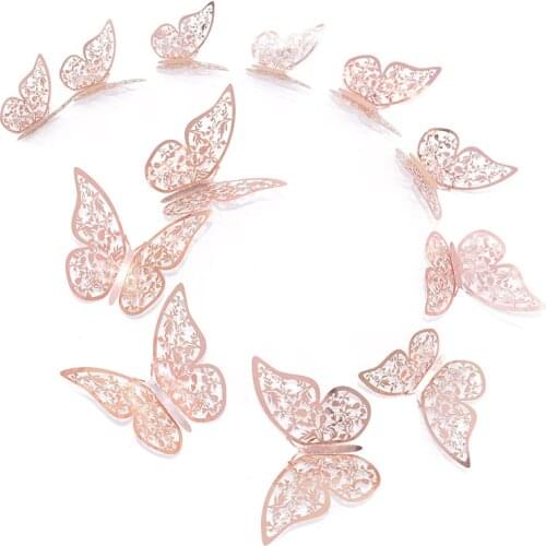 12 Pcs/Set 3D Wall Stickers Hollow Butterfly Paper 3 Sizes Silver Gold Stickers Fridge Stickers Home Party Wedding DIY Decor