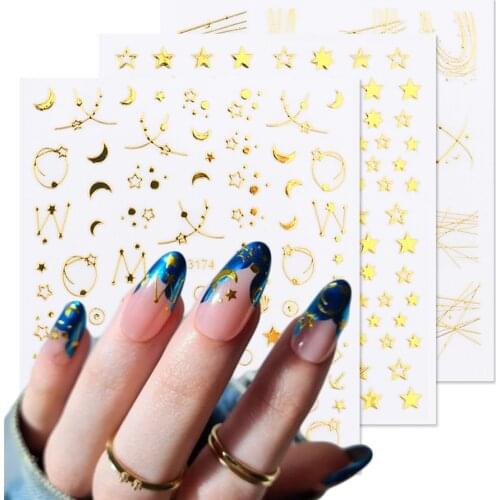 3D Golden Starry Sky Linear Geometric Nail Stickers Glittering Stars Moon Smiley Slider For Nail Art Decoration NLDP3169-3180 -1