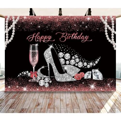 Woman Happy Birthday Party Backdrop Decor Glitter Purple Sliver Birthday Cake Table Background Rose Lady High Heels Photocall