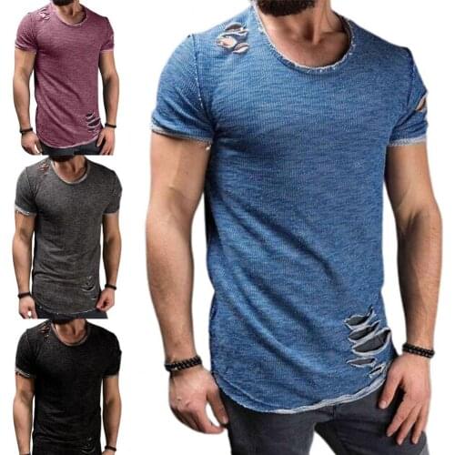Summer O-neck T-shirt fashion mens T-shirt tops Solid Color Short Sleeve Cotton Blend Hole Design Top Pullover for Men