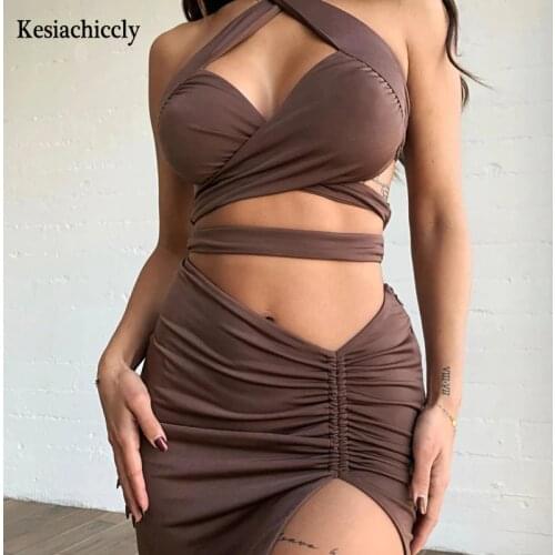Kesiachiccly Sexy Halter Hollow Out Bandage Ruched Dresses For Women Backles Bodycon Solid Mini Party Club Dress Summer Clothes