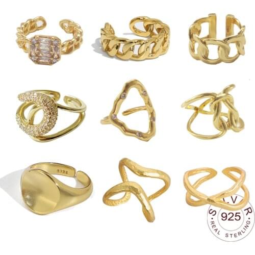 Authentic 925 Sterling Silver Simple Minimalist Open Adjustable Finger Rings for Women round gold color Band Female Bijoux