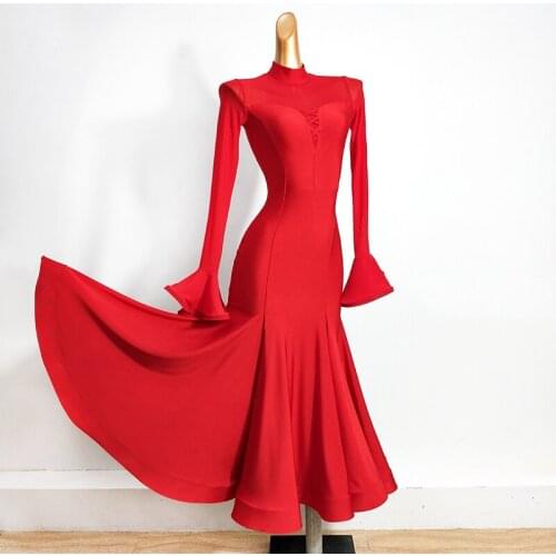 Red Ballroom Dance Competition Dresses For Women Flare Sleeve Tango Dance Clothes Waltz Performance Dress Stage Costume VDB3028