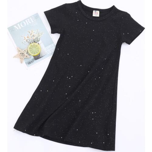 2-16Years Teenagers Girls Summer Sequin Cotton Short Sleeve Dresses 2021 New Girls T Shirts Black Red Dress Clothes