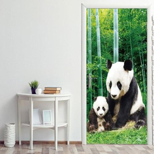 Panda Bamboo Forest Door Stickers Bedroom Living Room Decoration Door Decals Self-Adhesive Waterproof Two-Piece Set Wall Art