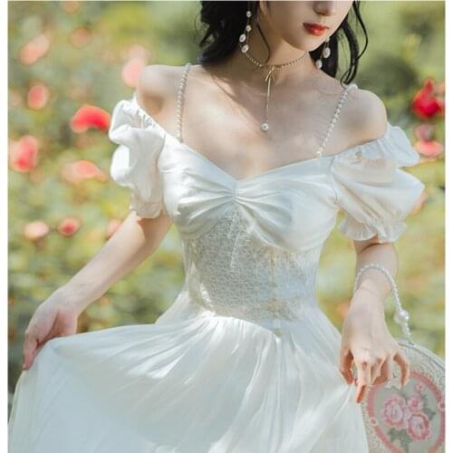 Retro French First Love One-shoulder Puff Sleeve Vestidos Summer Palace V-neck Gentle Wind White Fairy Midi Dress