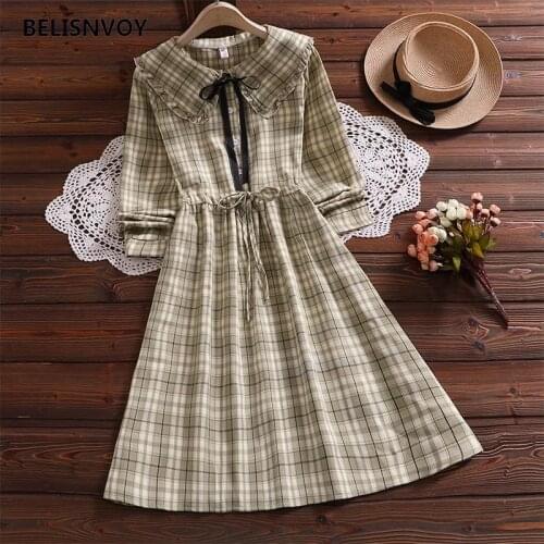 Spring Autumn Cotton Linen Fashion Sailor Collar Bow Green Blue Plaid Dress Japan Style Long Sleeve Women Vintage Sweet Vestidos